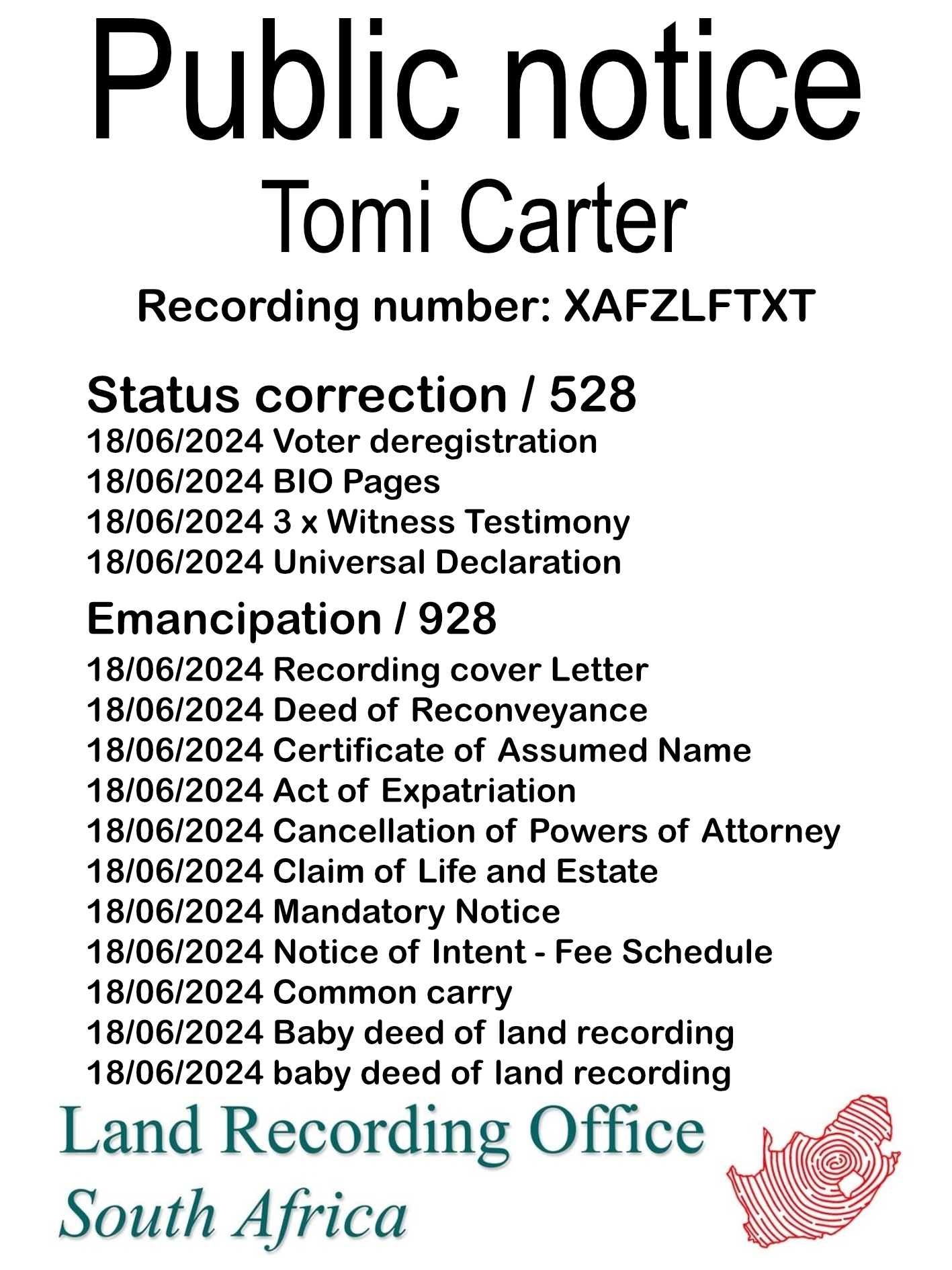Public notice Tomi Carter (c) Recording Number XAFZLFTXT